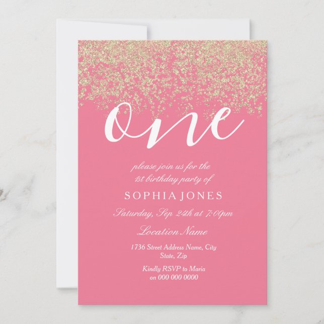 Pink Gold Glitter Confetti 1st birthday party Invitation (Front)