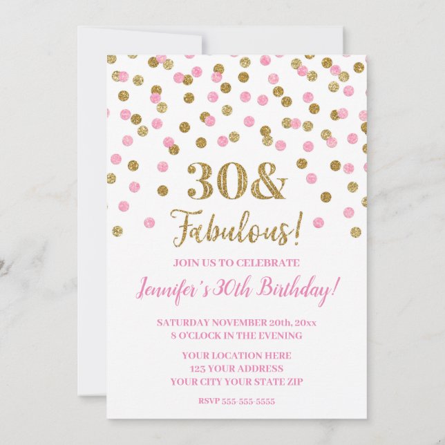 Pink Gold Glitter Confetti 30 and Fabulous Invitation (Back)