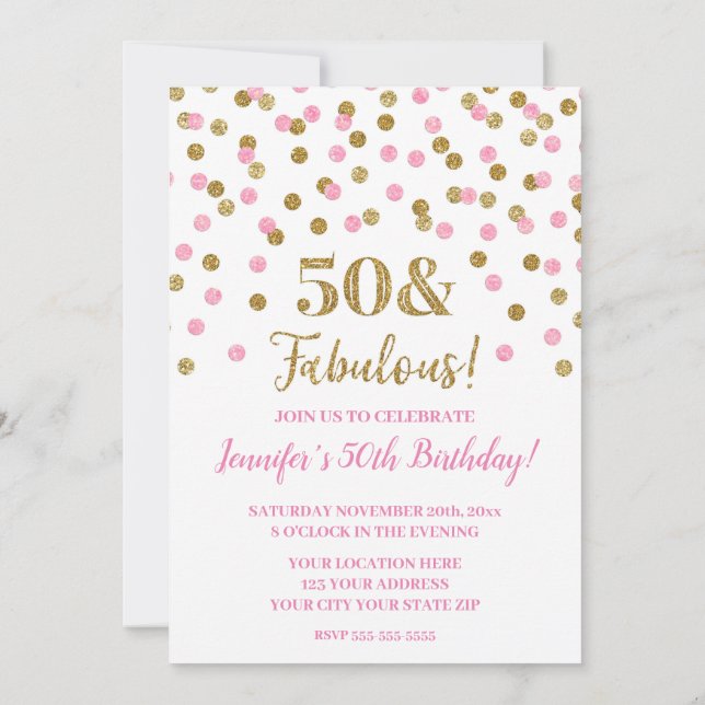 Pink Gold Glitter Confetti 50 and Fabulous Invitation (Back)