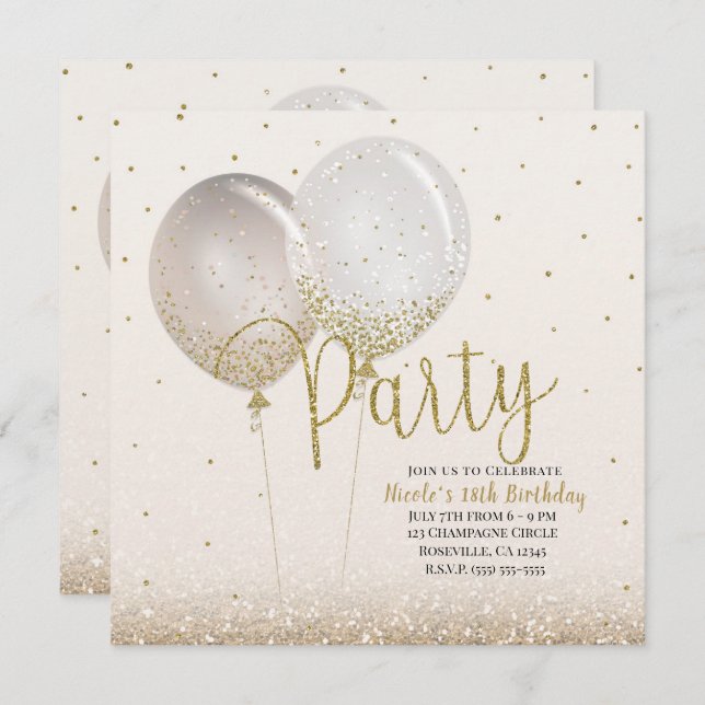 Pink Gold Glitter Confetti Balloons Birthday Party Invitation (Front/Back)