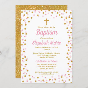 Pink & Gold Glitter Confetti Baptism Invitation