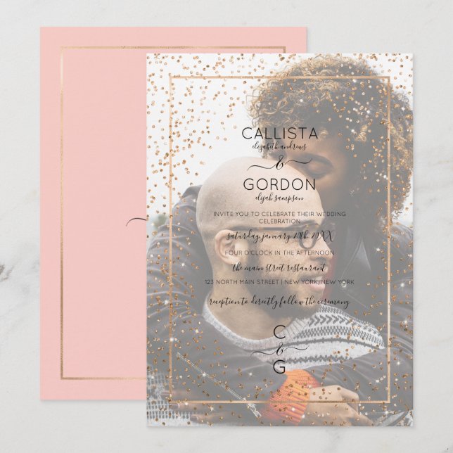 Pink Gold Glitter Confetti Border Photo Wedding Invitation (Front/Back)