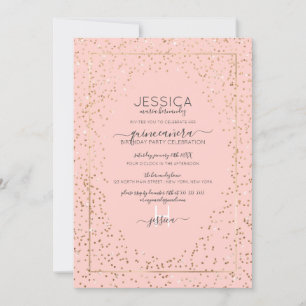 Pink Gold Glitter Confetti Border Quinceañera Invitation