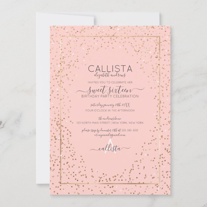 Pink Gold Glitter Confetti Border Sweet 16 Invitation | Zazzle.com.au