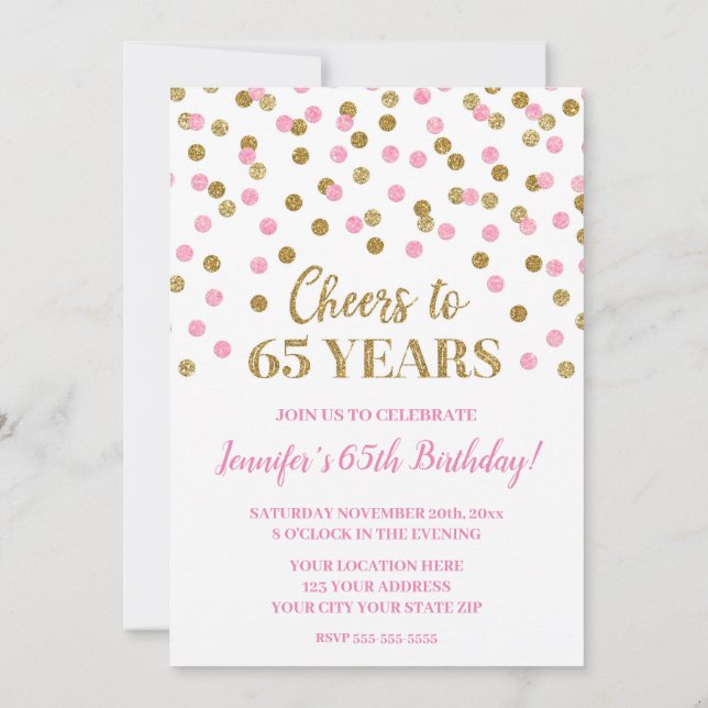 Pink Gold Glitter Confetti Cheers to 65 Years Invitation (Back)