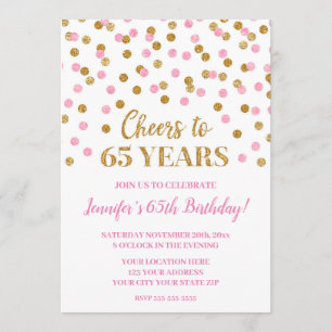 Pink Gold Glitter Confetti Cheers to 65 Years Invitation