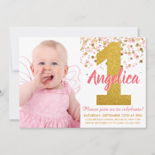 Pink Gold Glitter Confetti First Birthday Photo Invitation (Front)