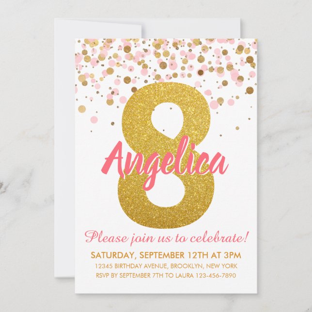 Pink Gold Glitter Confetti Girl Eighth Birthday Invitation (Front)
