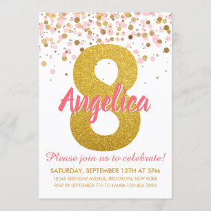 Pink Gold Glitter Confetti Girl Eighth Birthday Invitation