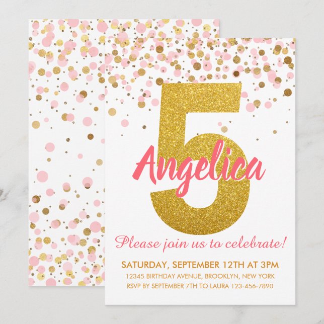 Pink Gold Glitter Confetti Girl Fifth Birthday Invitation (Front/Back)