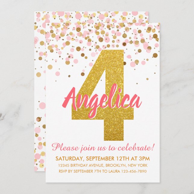 Pink Gold Glitter Confetti Girl Fourth Birthday Invitation (Front/Back)