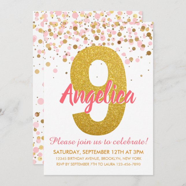 Pink Gold Glitter Confetti Girl Ninth Birthday Invitation (Front/Back)
