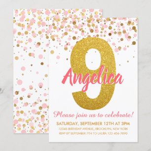 Pink Gold Glitter Confetti Girl Ninth Birthday Invitation