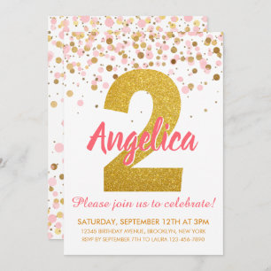 Pink Gold Glitter Confetti Girl Second Birthday Invitation