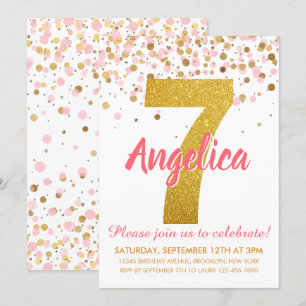 Pink Gold Glitter Confetti Girl Seventh Birthday Invitation