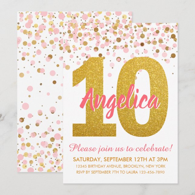 Pink Gold Glitter Confetti Girl Tenth Birthday Invitation (Front/Back)