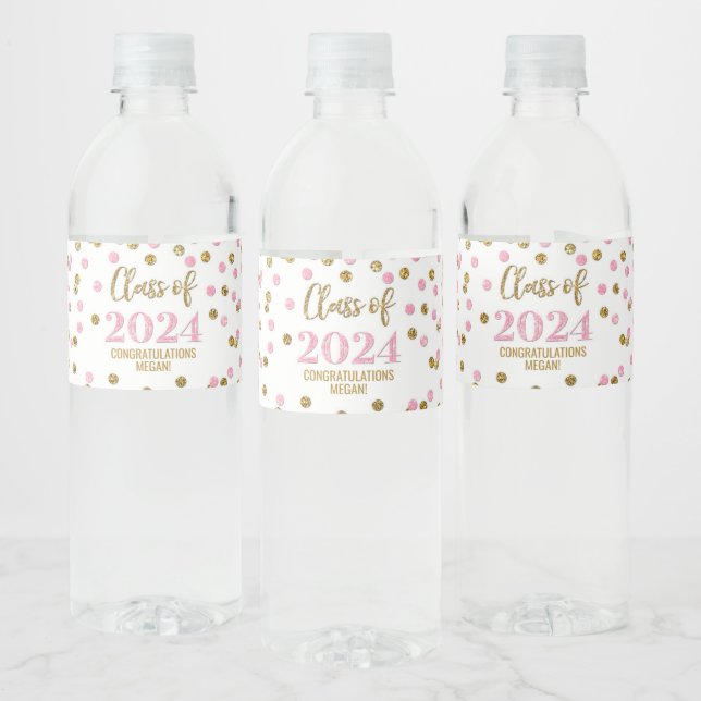 Pink Gold Glitter Confetti Graduation Water Bottle Label (Bottles)