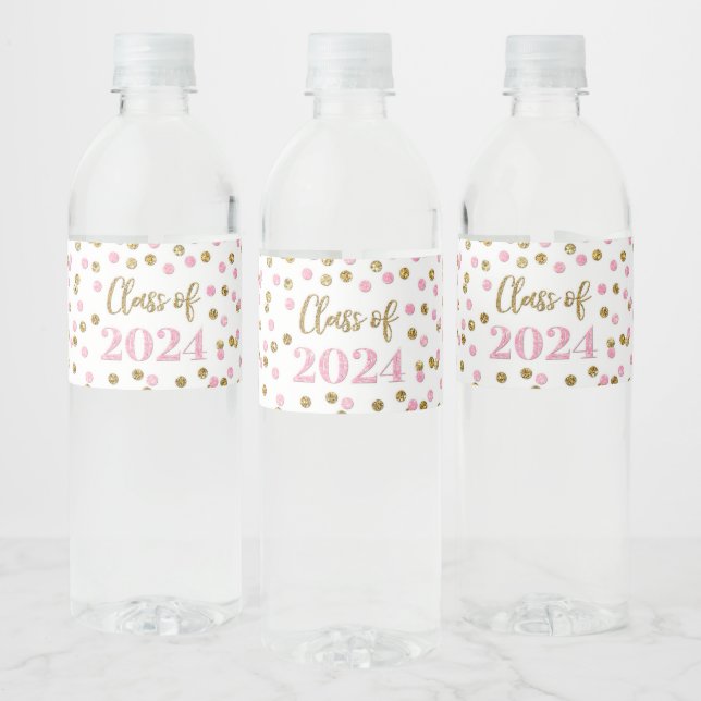 Pink Gold Glitter Confetti Graduation Water Bottle Label (Bottles)