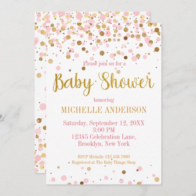 Pink Gold Glitter Confetti Modern Baby Shower Invitation (Front/Back)
