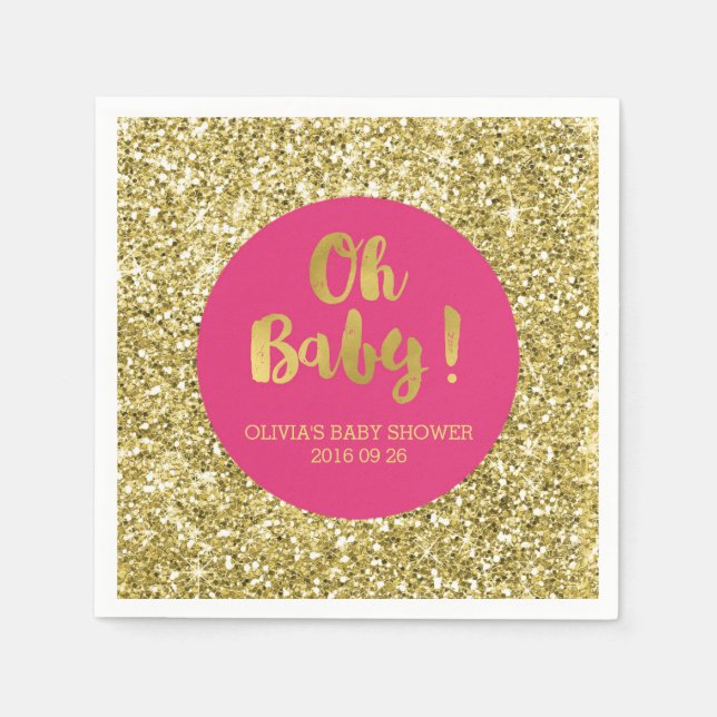 Pink Gold Glitter Confetti Oh Baby Baby Shower Napkin (Front)