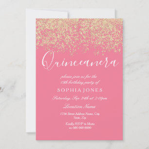 Pink Gold Glitter Confetti Quinceanera Invitation