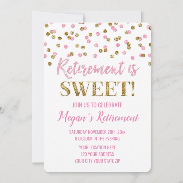Pink Gold Glitter Confetti Retirement Party Invitation (Back)