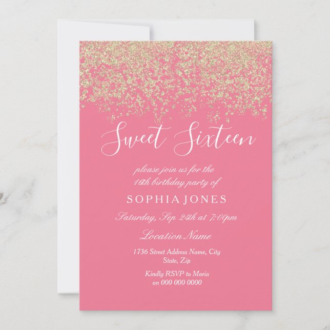 Pink Gold Glitter Confetti Sweet 16 birthday party Invitation (Front)