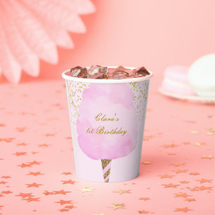 Pink & Gold Glitter Cotton Candy Birthday Paty Paper Cups