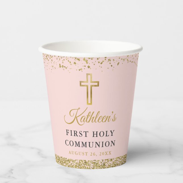 Pink Gold Glitter Cross First Holy Communion Paper Cups (Front)