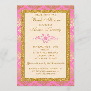 Pink, Gold Glitter Damask Bridal Shower Invitation