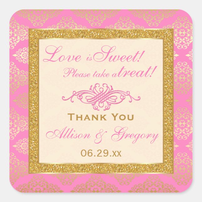 Pink Gold Glitter, Damask Candy Buffet Sticker (Front)