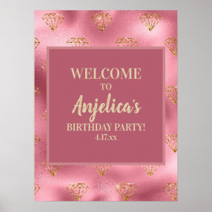 Pink Gold Glitter Diamonds Girl's Birthday Party Poster