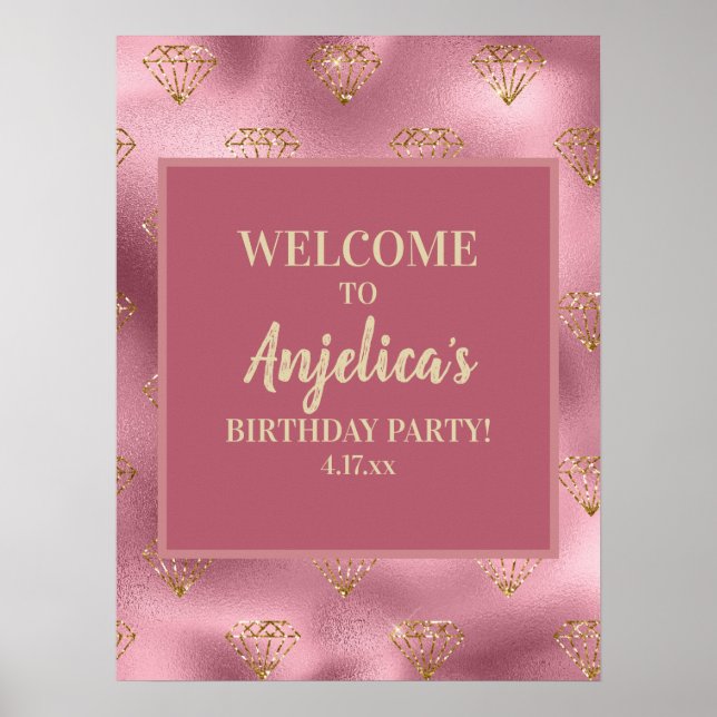 Pink Gold Glitter Diamonds Girl's Birthday Party Poster (Front)