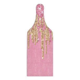 Pink gold glitter drippings faux epoxy resin look  cutting board