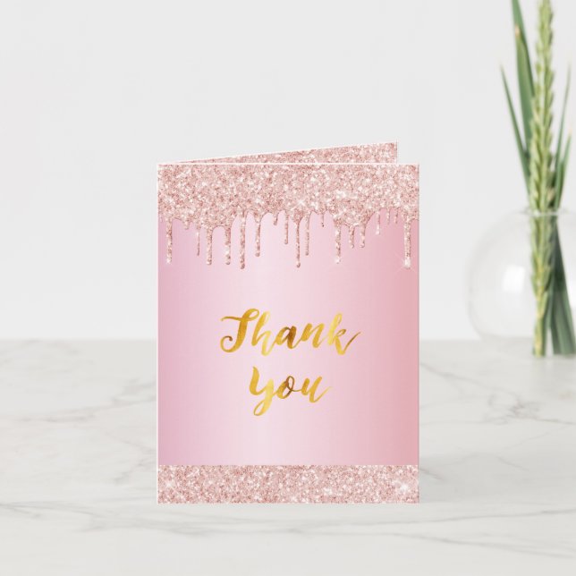 Pink gold glitter drips Birthday thank you card (Front)