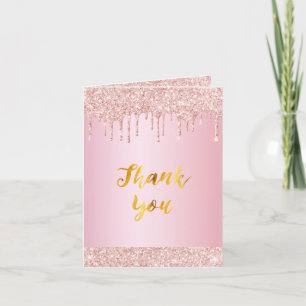 Pink gold glitter drips Birthday thank you card