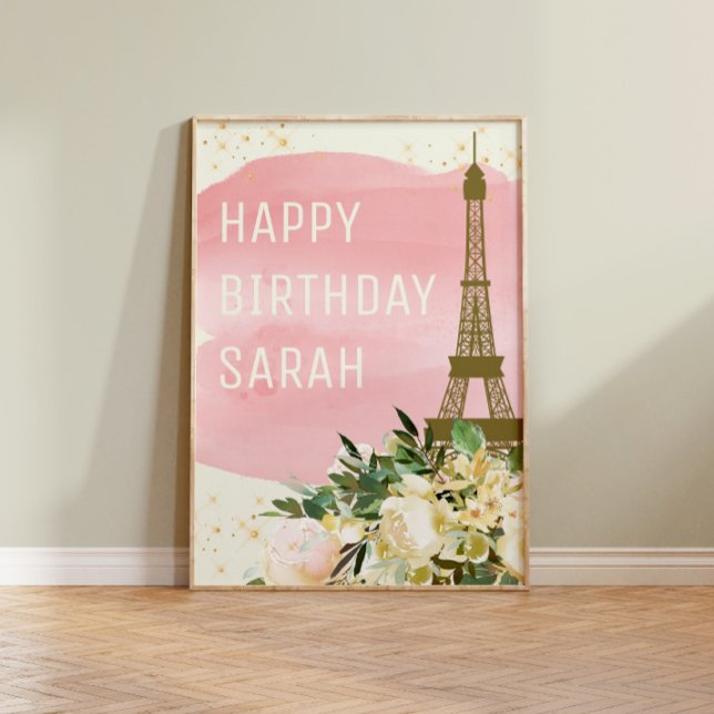 Pink Gold Glitter Eiffel Tower Happy Birthday Poster (Creator Uploaded)