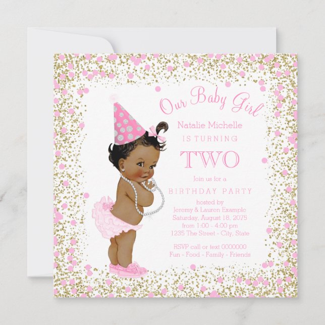 Pink Gold Glitter Ethnic Girls 2nd Birthday Party Invitation (Front)