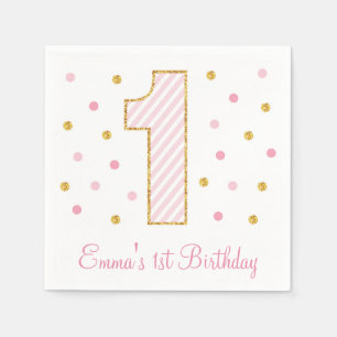 Pink & Gold Glitter First Birthday Napkin