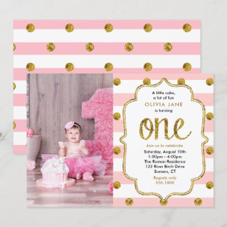 Pink, Gold Glitter First Birthday Photo Invitation