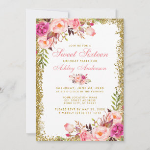 Pink Gold Glitter Floral Sweet 16 Birthday Invite