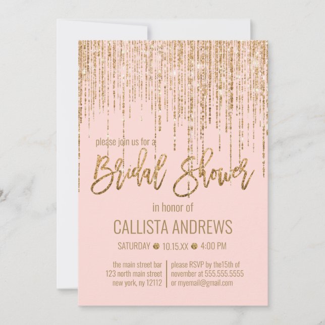Pink Gold Glitter Fringe Curtain Bridal Shower Invitation (Front)
