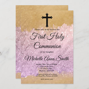 Pink Gold Glitter Girl 1st First Holy Communion Invitation