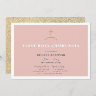 Pink Gold Glitter Girl First Holy Communion Invitation