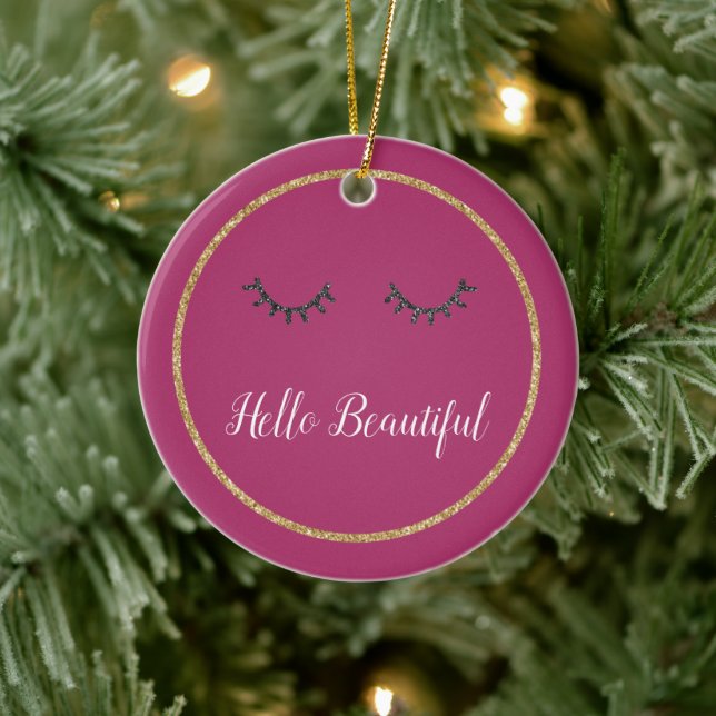 Pink Gold Glitter Girly Black Eyelashes Ceramic Ornament (Tree)