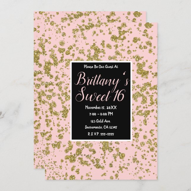 Pink & Gold Glitter Girly Glam Modern Sweet 16 Invitation (Front/Back)