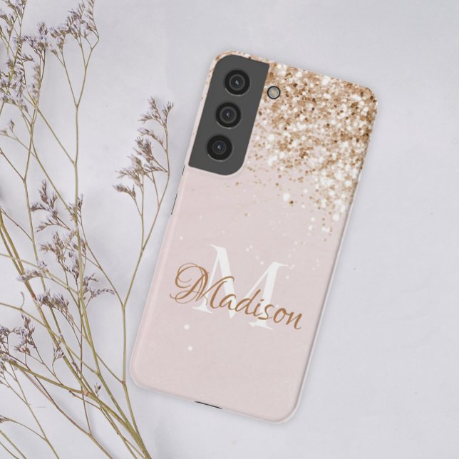 Pink Gold Glitter Girly Pretty Initial Name Samsung Galaxy S22+ Case (Creator Uploaded)