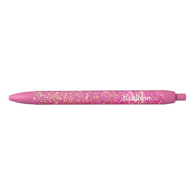 Pink Gold Glitter Glam Sparkle Personalised Black Ink Pen (Front)