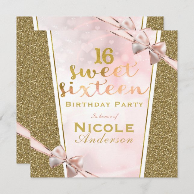 Pink Gold Glitter Glam Sweet 16 Bow Birthday Party Invitation (Front/Back)