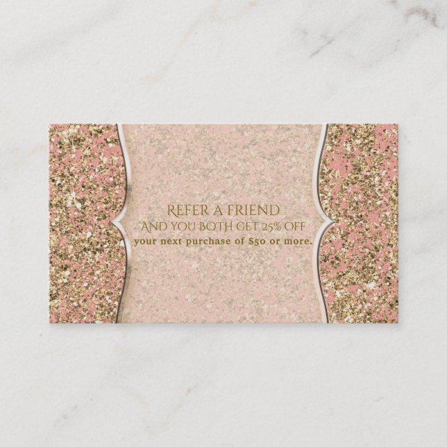 Pink & Gold Glitter Glamour Chic Refer A Friend Referral Card (Front)